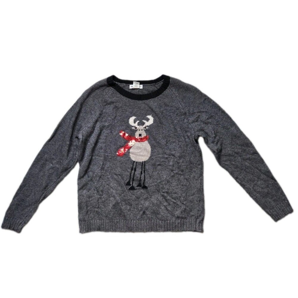 Artisan NY Kids Wool Cashmere Gray Reindeer Christmas Sweater Sequin Scarf XL